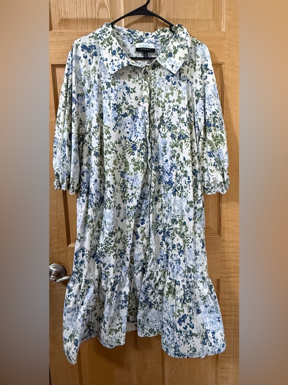 Eloquii White Midi Shirtdress with Blue and Green Floral Speckle